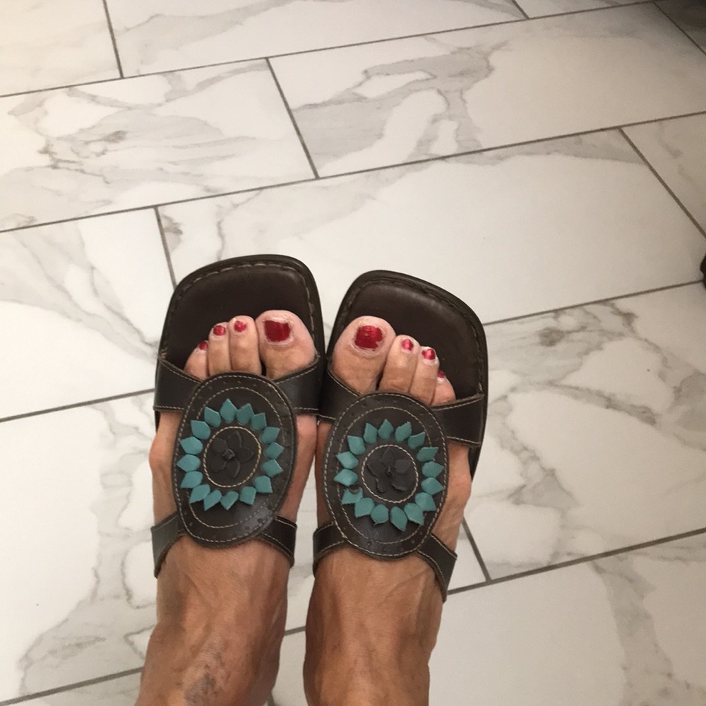 Women's Brown Leather Slide Sandals with Teal Floral Accent - Picture 7 of 10